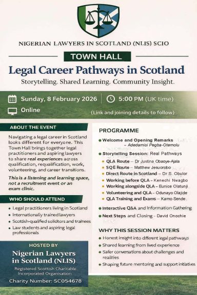 Career Pathways in Scotland Event flyer for a legal careers workshop in Scotland, detailing date and time.